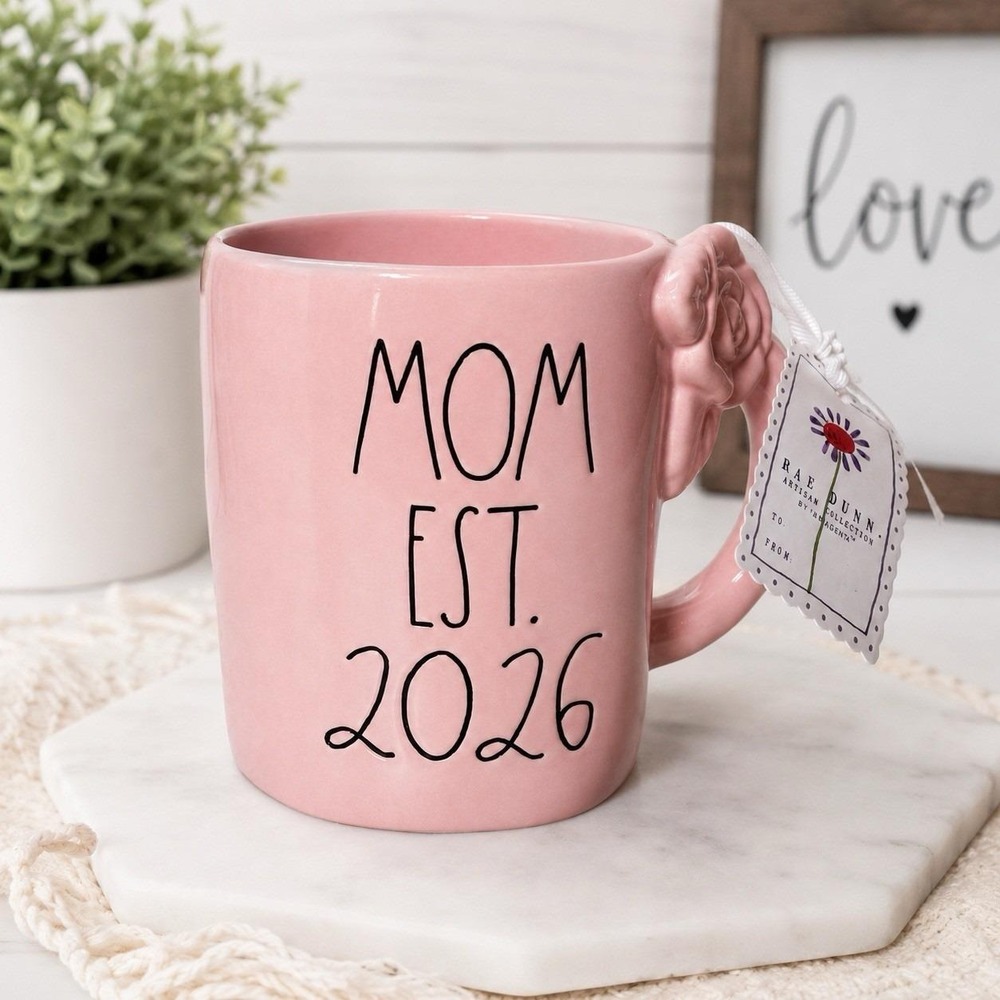 Rae Dunn MOM EST. 2026 Pink Mug Bow Handle Baby Shower New